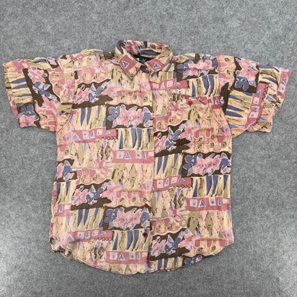 Whistle Button Down Women M Abstract Floral Pink Purple Rayon EUC